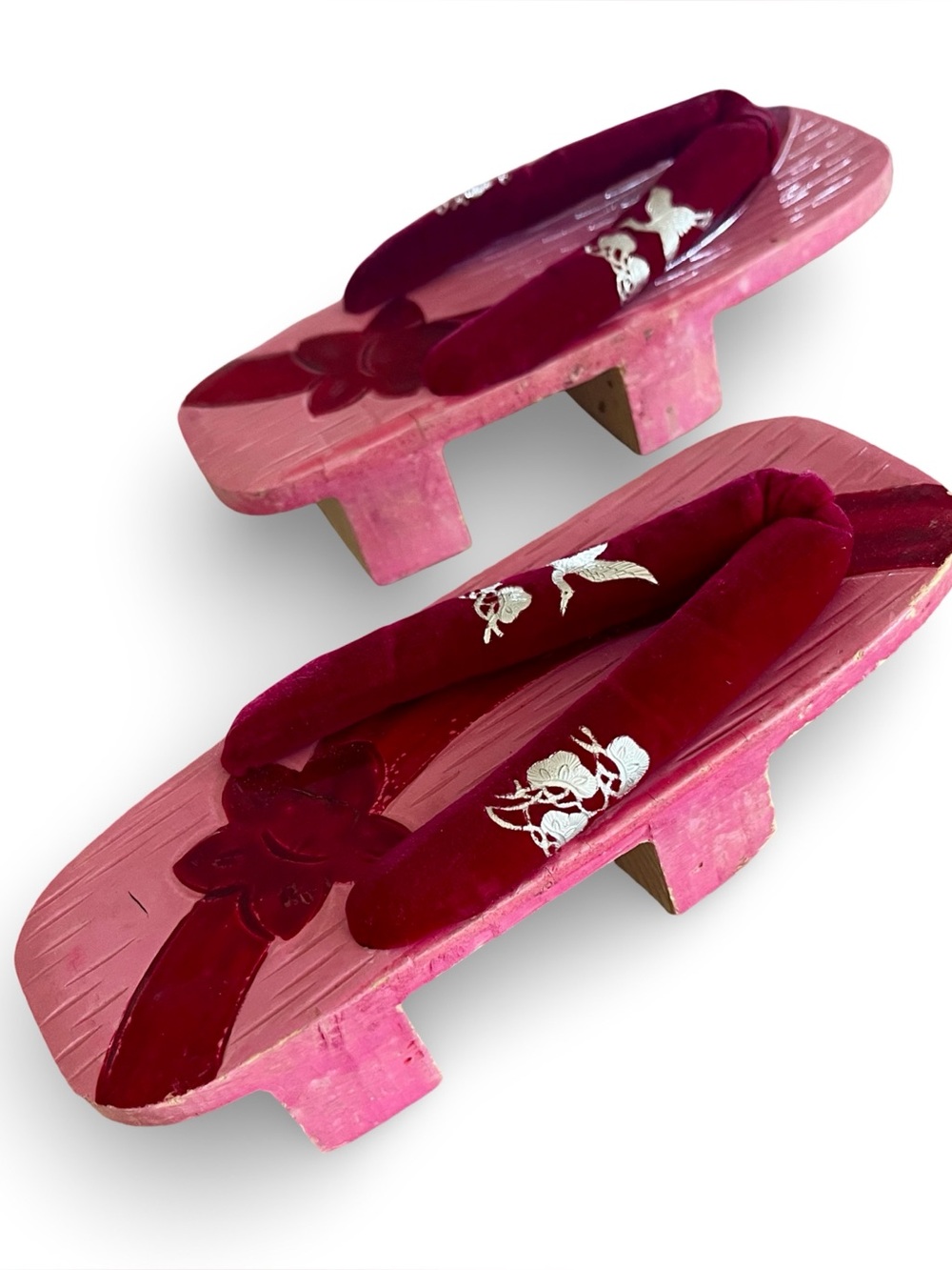 Vtg 1940s 1950s Japanese Wooden Geta Sandals Velvet Crane Embroidered Clogs